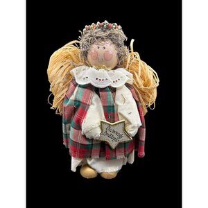 Vtg. Primitive Wooden Christmas Angel Doll Plaid Dress "Heavenly Holidays" Decor